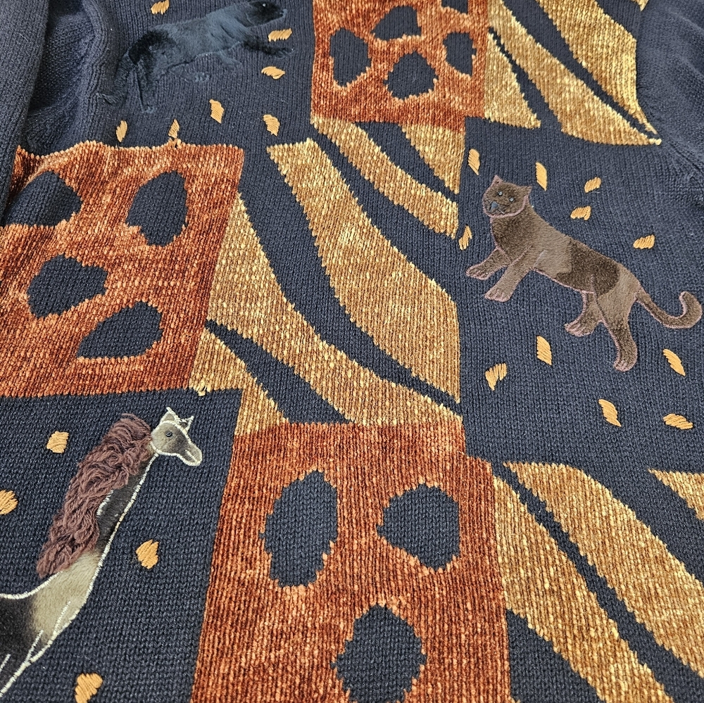 Vtg Victoria Harbour Animal Patchwork Sweater in Black and Burnt Orange Wmns L - Picture 6 of 12